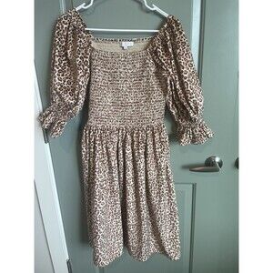 ivy city co Midi dress Small Animal Print Puff 3/4 Sleeve Brown Cream Pink Color